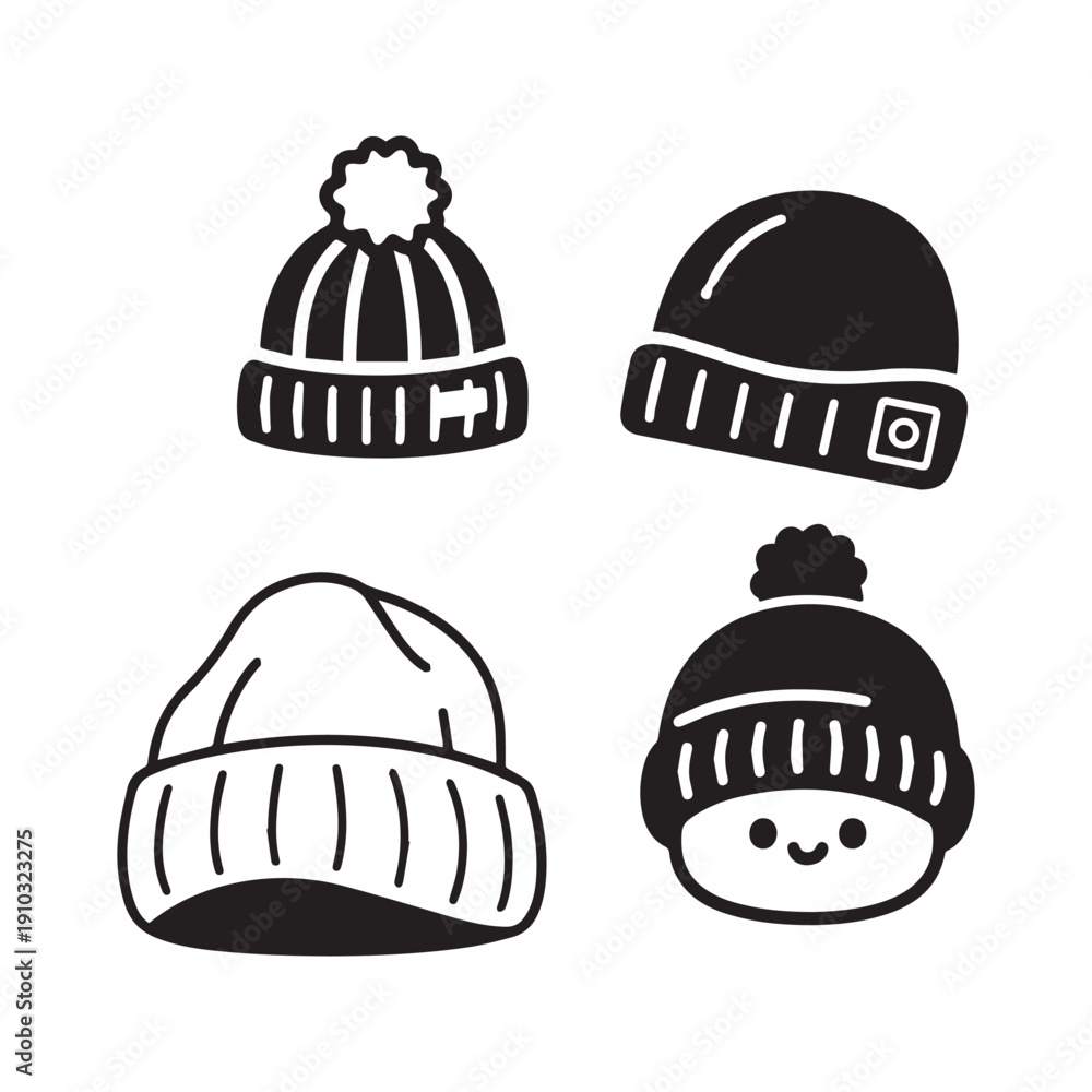 Fototapeta premium Cute Kawaii Winter Beanie Hat Doodles Coloring Page For Kids and Adults.
