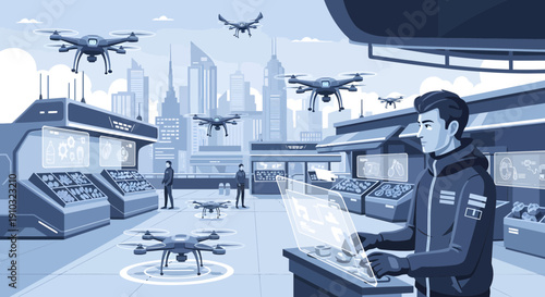 Man operating drones in a futuristic city market.