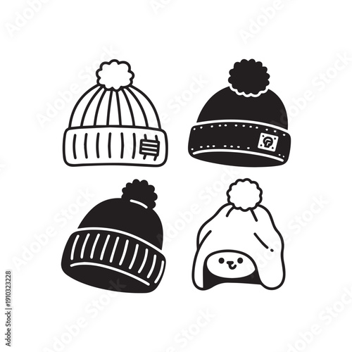 Cute Kawaii Winter Beanie Hat Doodles Coloring Page For Kids and Adults.