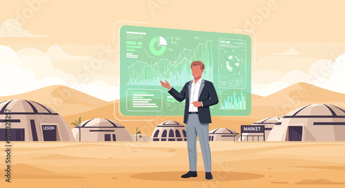 Modern Nomad Businessman Presenting Data in a Desert Yurt Village.