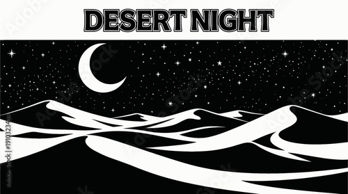 night desert landscape with crescent moon and star filled sky over sand dunes under dark celestial astronomy galaxy environment and horizon silhouette