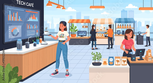 Tech Cafe Scene with Customers and Modern Technology.
