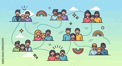 Illustration depicting diverse groups of people connected in a social network, representing community, relationships, and communication.