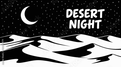 night desert landscape with crescent moon and star filled sky over sand dunes under dark celestial astronomy galaxy environment and horizon silhouette