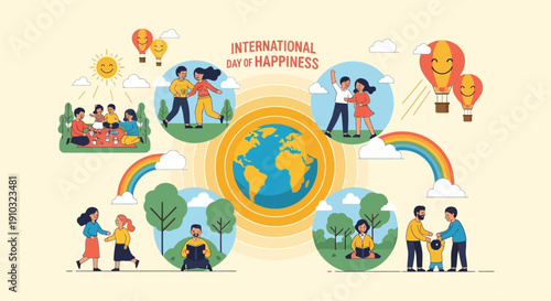 Illustration celebrating International Day of Happiness with diverse people engaging in joyful activities around the globe, featuring rainbows and hot air balloons.