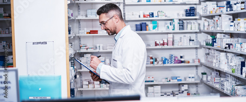 Pharmacist, man and clipboard at shelf in store for inventory, pills quantity and product info. Banner, mature person or drugs checklist in pharmacy for stock count, tablets inspection or expiry date