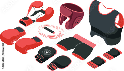 Isometric boxing gear set, protective sports equipment collection, gloves headguard vest wraps shorts, training fitness illustration, athletic combat accessories
