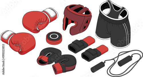 Isometric boxing equipment set, protective sports gear collection, gloves headguard pads wraps shorts, training fitness combat illustration accessories