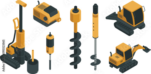 Isometric construction equipment set, drilling auger machines, excavator vehicles, industrial tools collection, vector illustration, heavy machinery, engineering design