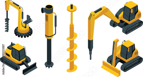 Isometric construction machinery set, drilling auger equipment, excavator bulldozer vehicles, industrial tools collection, vector illustration, heavy engineering machines