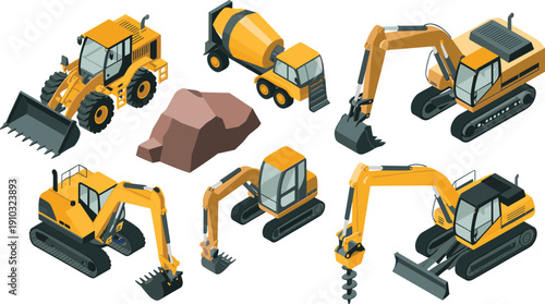 Isometric construction machinery set, excavators loader concrete mixer vehicles, heavy equipment collection, industrial engineering vector illustration, building site machines