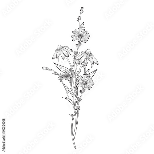 Hand drawn wildflower bouquet in vector line art style, elegant botanical composition for greeting card, anniversary, Mother Day, Women Day, memorial funeral tribute and holiday celebration design