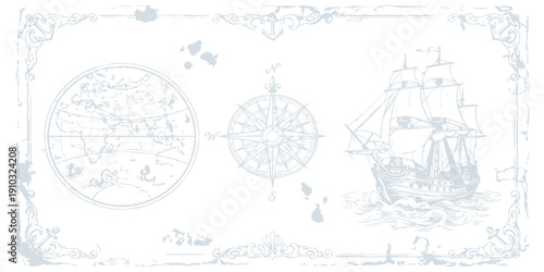 Vintage nautical map with sailing ship and compass rose, antique exploration theme, detailed historical illustration