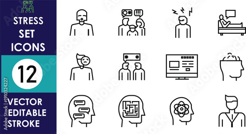 Stress management icon set featuring people with headaches, anxiety, burnout, workplace pressure, mental health symptoms, editable stroke vector illustration on white background outline style.