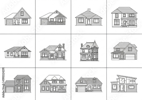 Modern and Classic House Facades Front Elevation CAD Set, Residential Architecture Real Estate Flat Vector Illustration