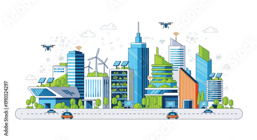 A futuristic smart city illustration with sustainable energy and drone technology