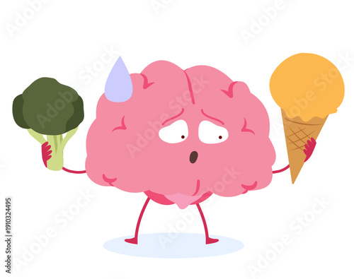 Cartoon vector illustration of a doubting brain character holding chocolate ice cream in one hand and broccoli in the other. Concept for healthy diet, decision making, nutrition and lifestyle balance