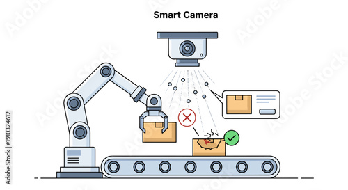 A smart camera system with a robotic arm inspects packages on a conveyor belt for quality control in an automated factory setting.