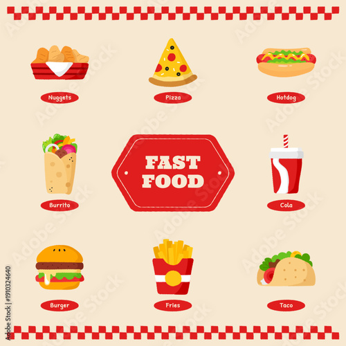 Fast Food and Snacks Icon Set with Labels - Flat Illustration