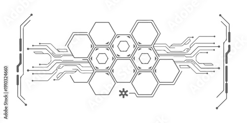 Futuristic hud interface with hexagonal grid and digital circuit lines, abstract technology background vector