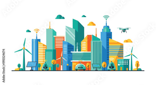 A colorful illustration depicting a modern sustainable smart city landscape
