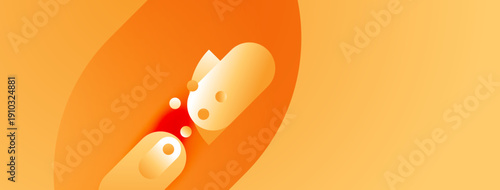 Orange background features capsule breaking apart, releasing small red droplets. Simple illustration suggests damage or leakage.