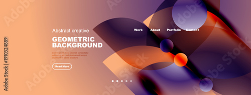 Abstract geometric background. Orange, purple hues blend. Website header design includes navigation, text, button. Modern style.