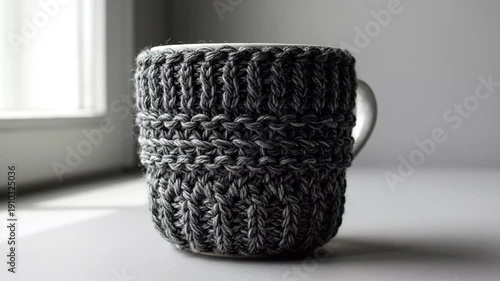 Close-up Series of a Hand-knit Gray Wool Mug Cover with Natural Light in a Cozy Indoor Setting