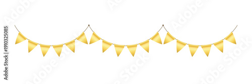 Golden triangle party bunting border. Gold festive flag garland. Birthday party bunting. Yellow flag ribbon chain. Carnival banner. Design element. Vector illustration isolated on white background.