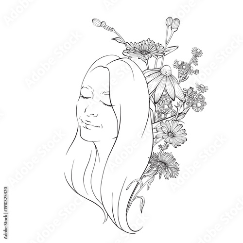 Vector line art illustration of a woman with floral elements, elegant botanical composition for women celebration and mothers day, ideal for greeting cards, postcards, banners and business cards.