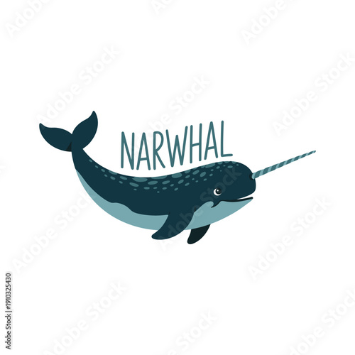 A cartoon narwhal swims in the ocean with a large horn on its head and the word Narwhal written above it.