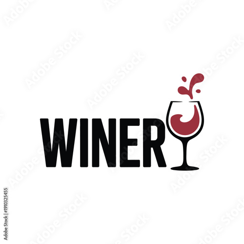 A logo for a winery with a wine glass and red wine splashing into it on a white background