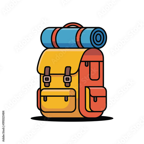 A colorful cartoon backpack with a sleeping bag on top, ready for adventure