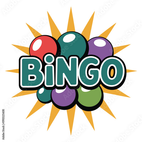 A colorful illustration of a bingo game with balls and a starburst design