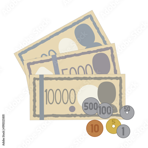シンプルでかわいい日本円・紙幣と硬貨のセットイラスト