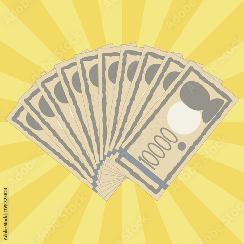 集中線と扇状に広がる一万円札の金運アイラスト