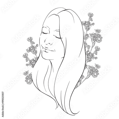 Vector line art illustration of a woman with floral elements, elegant botanical composition for women celebration and mothers day, ideal for greeting cards, postcards, banners and business cards.