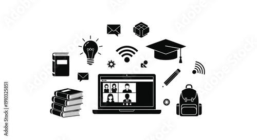 Digital learning icons depicting online education and academic concepts