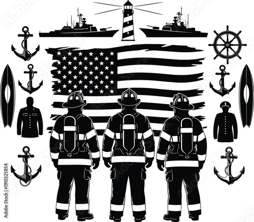 Firefighter and naval tribute illustration, patriotic service artwork, military honor design, US public service vector composition, national pride symbol, commemorative concept