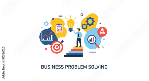 Business problem solving illustration with charts gears and a person
