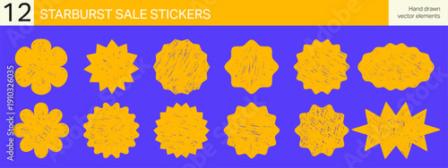 Crayon starburst sale stickers set. Hand drawn price tags with rough scribble texture and scallop or jagged edges. Promo label elements for discounts and sales .