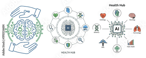 Illustrative concept depicting artificial intelligence integration in healthcare, showcasing various medical applications and human-computer interaction.