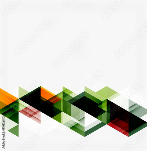 Abstract geometric shapes create modern design. Overlapping triangles form dynamic pattern, utilizing varied colors. Clean aesthetic.