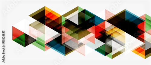 Abstract geometric pattern. Overlapping triangles create dynamic visual texture. Colors include red, green, blue, orange, black.