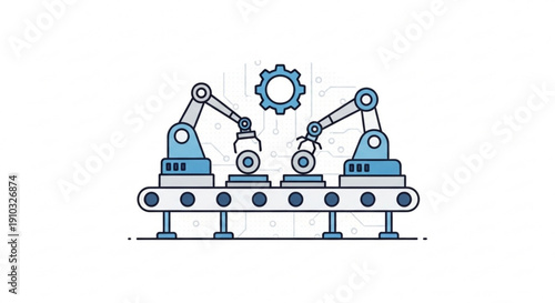 Industrial robotic arms working together on assembly line with gear icon manufacturing process illustration blue and white color scheme industrial automation technology