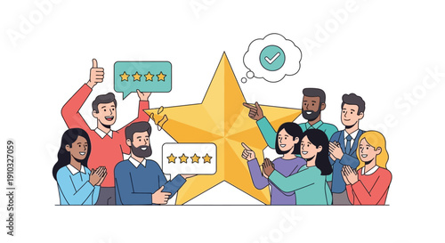 Diverse team celebrating success with a five star rating and positive feedback