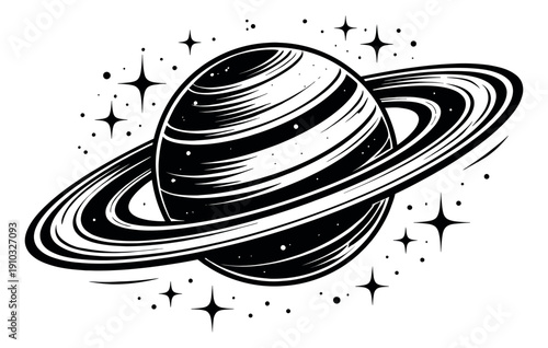 Stylized line art illustration of a ringed planet depicting stars in the cosmos for space and astronomy
