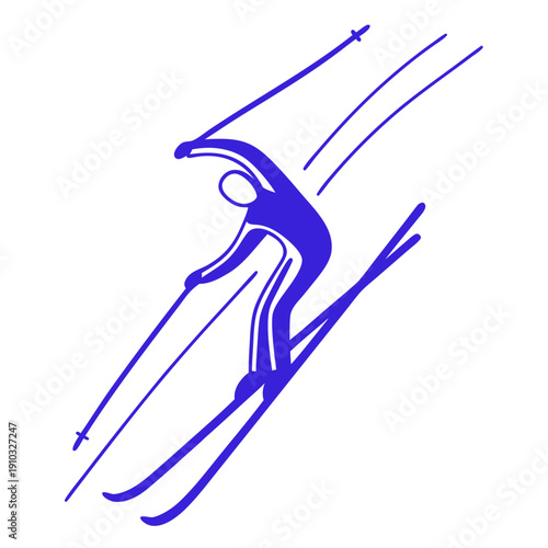 A vector illustration set of a ski jump icon and skiing in the mountains, featuring a sport silhouette drawing and equipment symbols designed with a pen tool