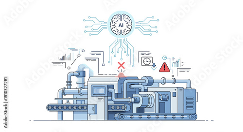 An intricate illustration depicting an AI-powered industrial machine experiencing a critical error, highlighting automated system failures and technological challenges.