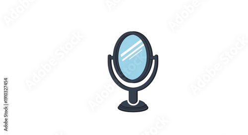 Vanity mirror icon illustration with blue reflection and white highlights on a simple black stand against a white background